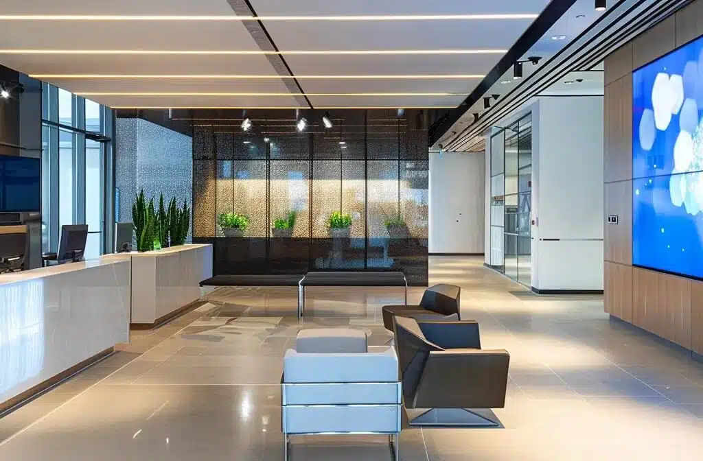 a sleek, modern office in calgary featuring a digital interface showcasing dynamic mls listings on a large screen, highlighting the urban real estate market's innovation and accessibility.