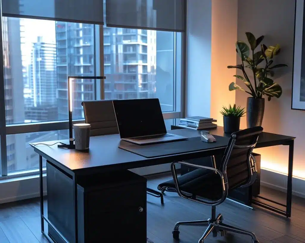 a sleek, modern office space in calgary features a sophisticated desk with a detailed luxury home assessment report alongside a laptop, illuminated by sharp, focused lighting that highlights the key factors of home valuation.